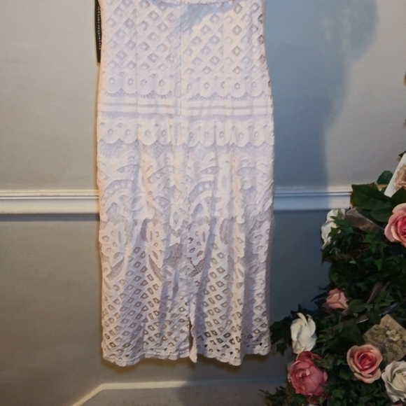 Sharagano Pale Pink Lace Sheath Dress With Convertible Neckline - Picture 7 of 11